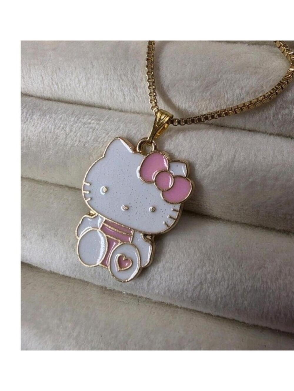 Cute Hello Kitty Gold Tone Pendant Necklace with Pink Bow